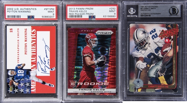 1991-2013 Football Hall of Fame & Stars Graded Card Collection (3) Featuring Peyton Manning, Emmitt Smith Autographs & Travis Kelce Rookie Card!